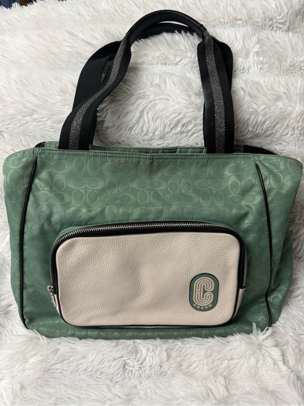 COACH Green Signature Tote with Cream Front Pocket and Black Straps